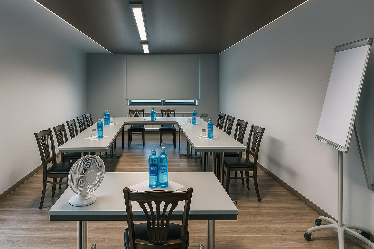 Ein kleiner Konferenzraum mit drei U-förmig angeordneten Tischen, jeweils mit Wasserflaschen und Stühlen. Auf der rechten Seite steht ein Flipchart, und auf dem vorderen Tisch steht ein kleiner Ventilator. Der Raum hat einen Holzfußboden und ein Fenster mit einer Jalousie.